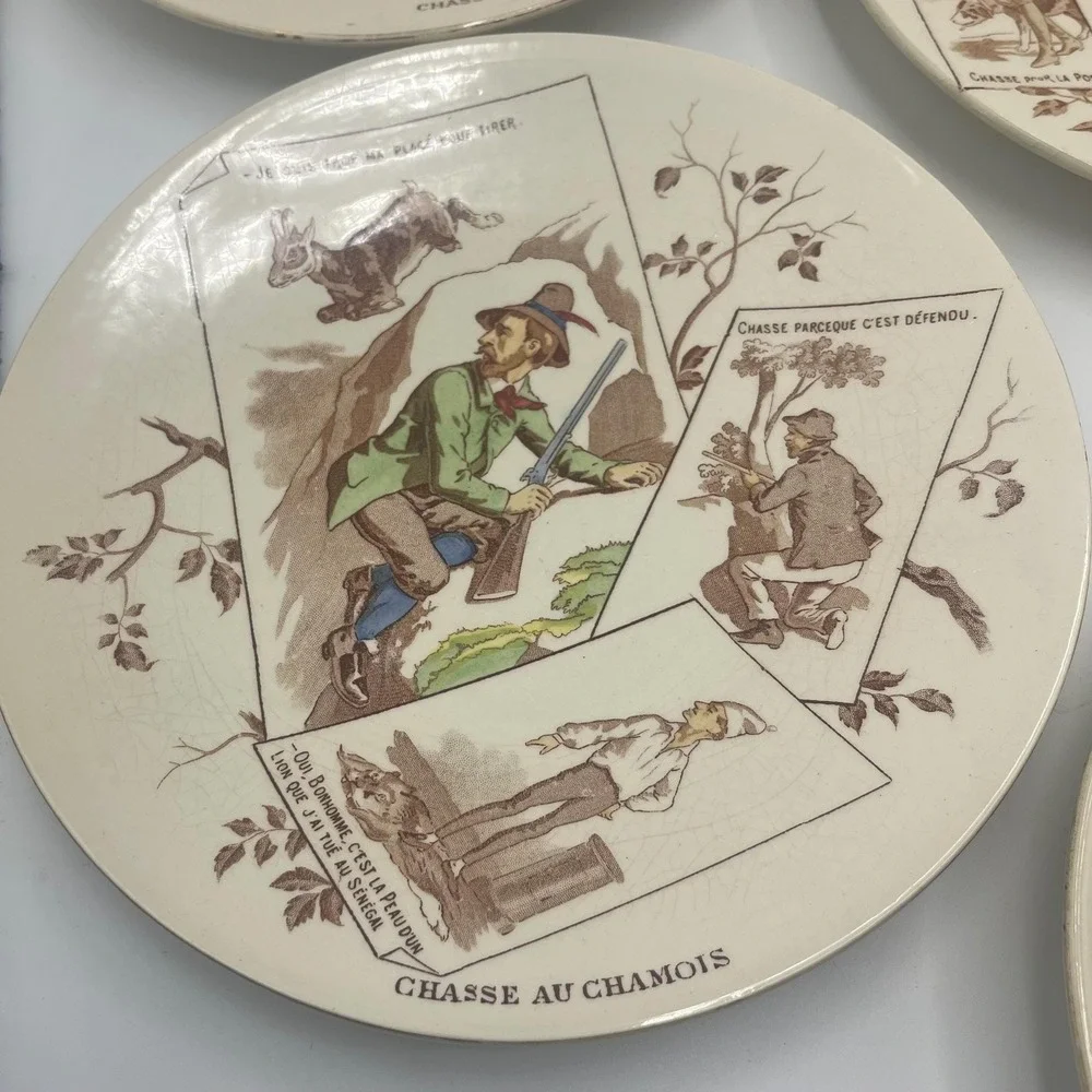 6 U&C faience plates from Sarreguemines hunt French humor funny hunting comedy